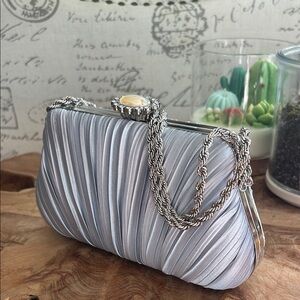 Silver Satin Pleated Evening Clutch with Chain Strap